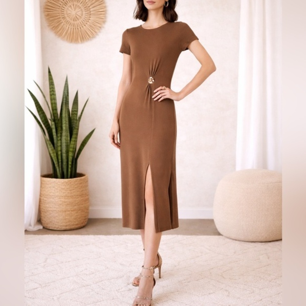 Karen Millen Khaki Knit Midi Column Dress Ruched Waist